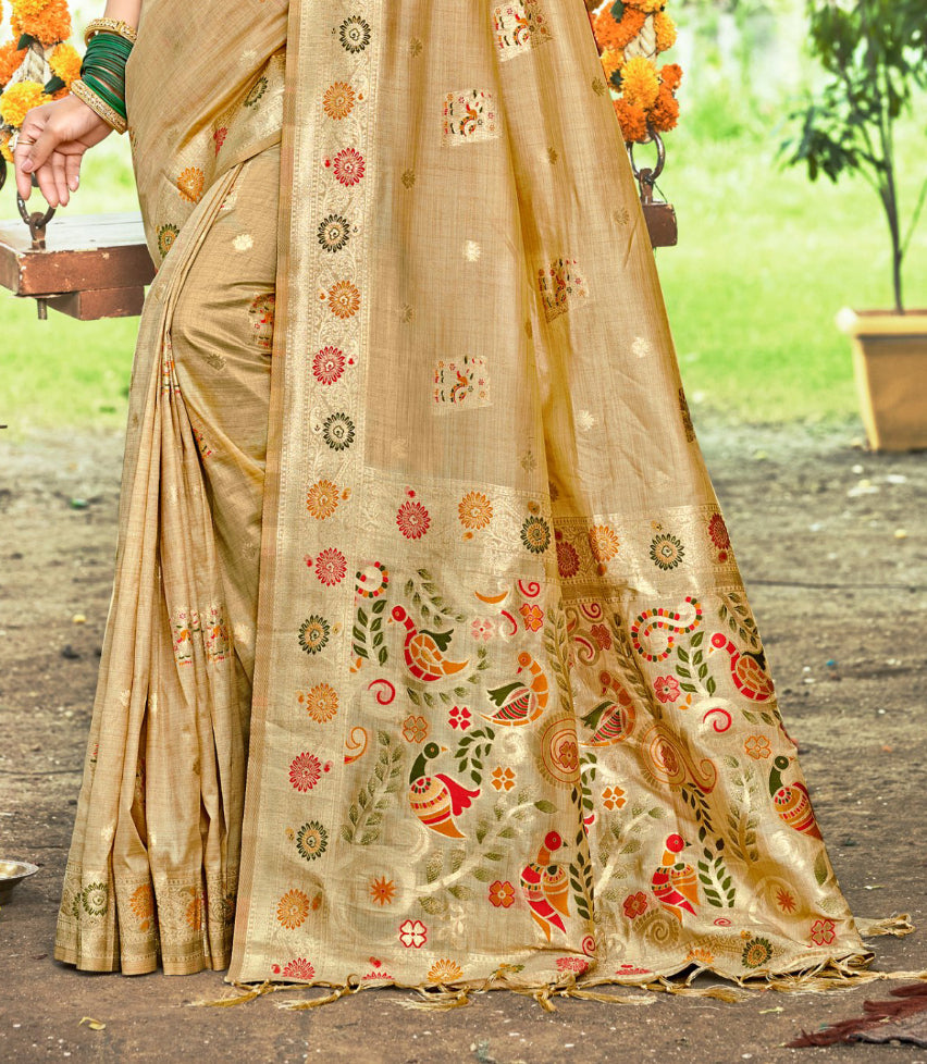 Sangam Prints Chiku Havy Assam Silk Saree With Meena Woven Work Traditional Saree | Grocsy