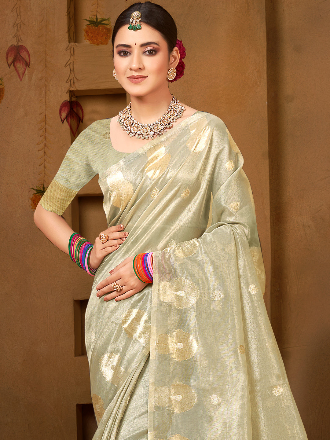 Sangam Prints Grey Munga Kota Woven Work Traditional Saree | Grocsy