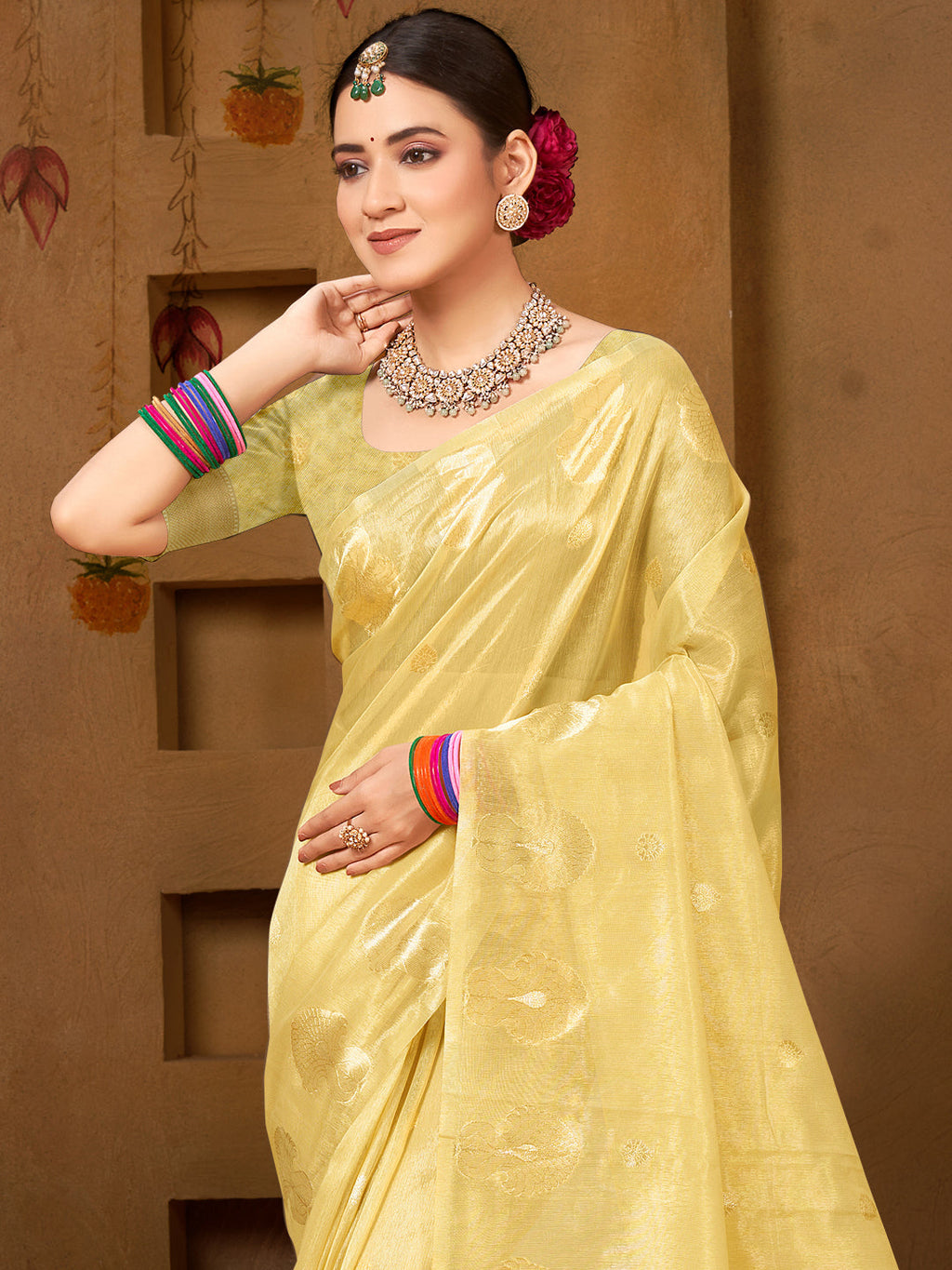 Sangam Prints Yellow Munga Kota Woven Work Traditional Saree | Grocsy
