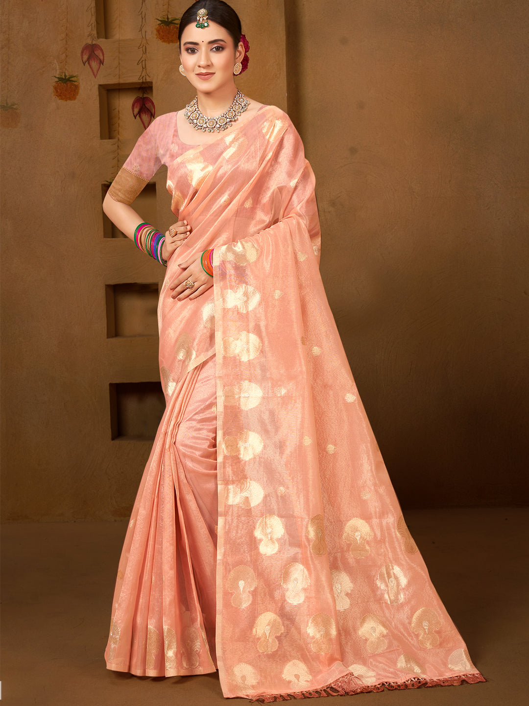 Sangam Prints Peach Munga Kota Woven Work Traditional Saree | Grocsy