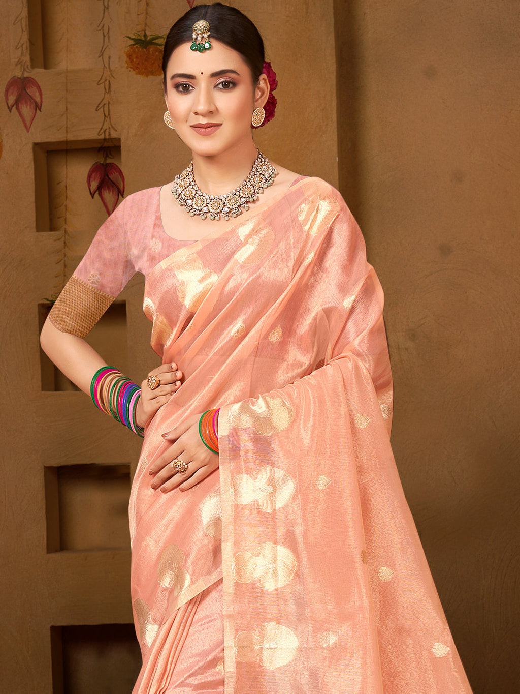 Sangam Prints Peach Munga Kota Woven Work Traditional Saree | Grocsy