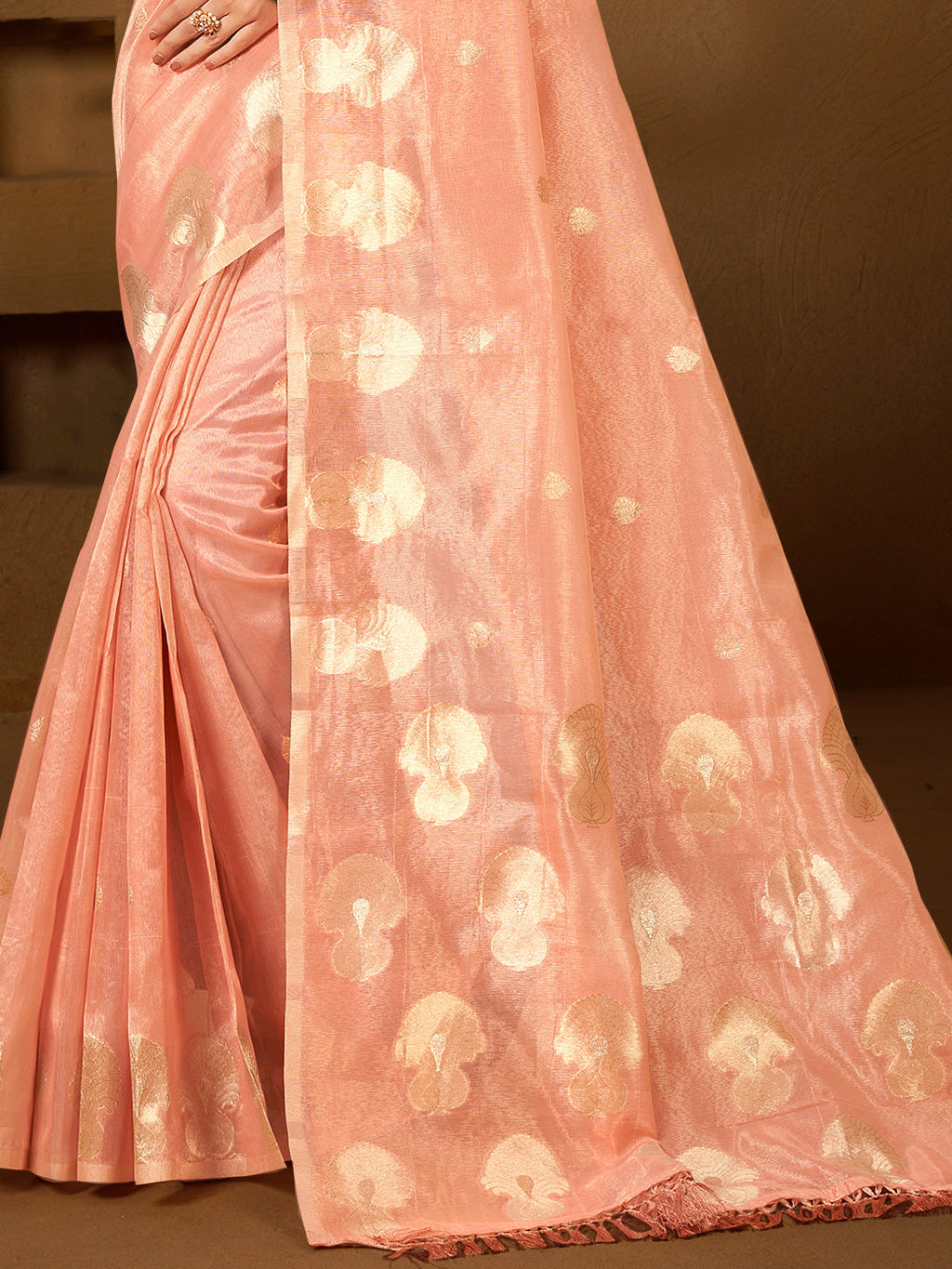 Sangam Prints Peach Munga Kota Woven Work Traditional Saree | Grocsy