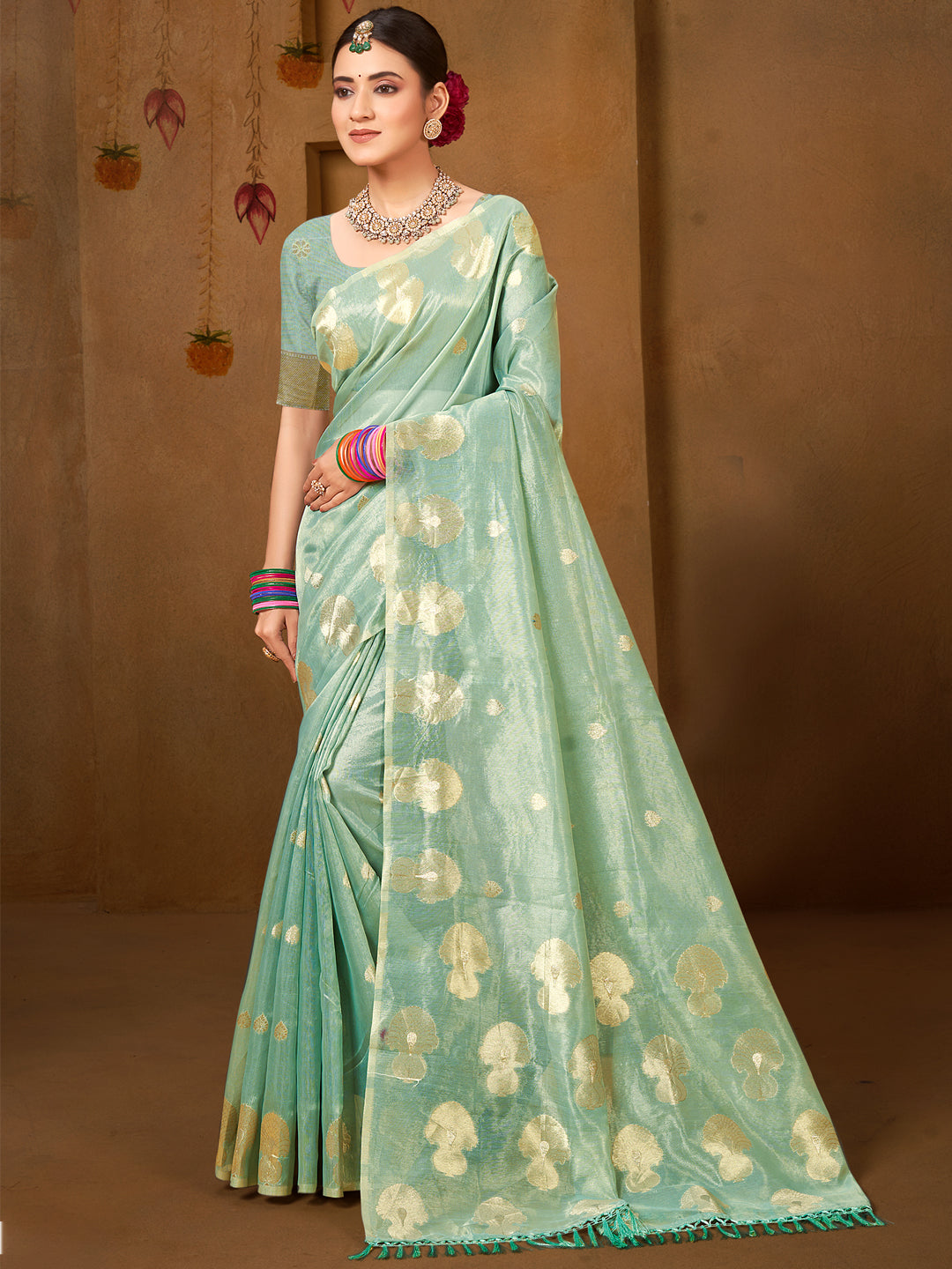 Sangam Prints Sea Green Munga Kota Woven Work Traditional Saree | Grocsy