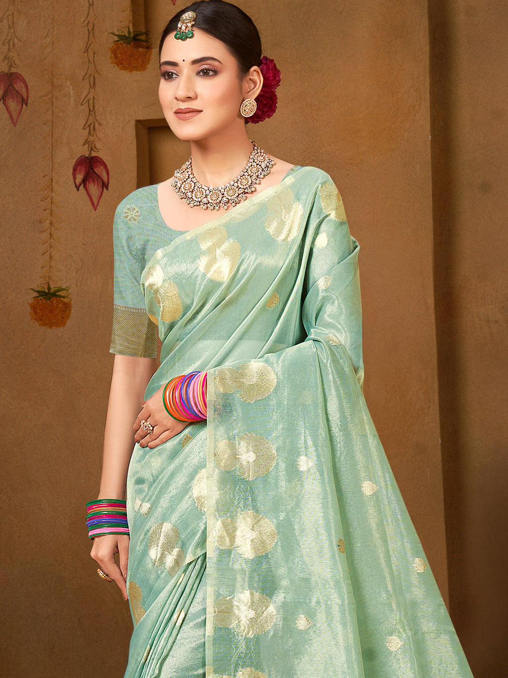 Sangam Prints Sea Green Munga Kota Woven Work Traditional Saree | Grocsy