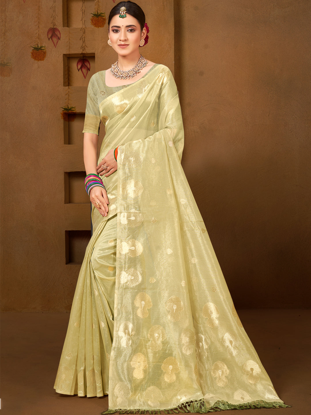 Sangam Prints Olive Green Munga Kota Woven Work Traditional Saree | Grocsy