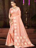 Sangam Prints Peach Munga Kota Woven Work Traditional Saree | Grocsy