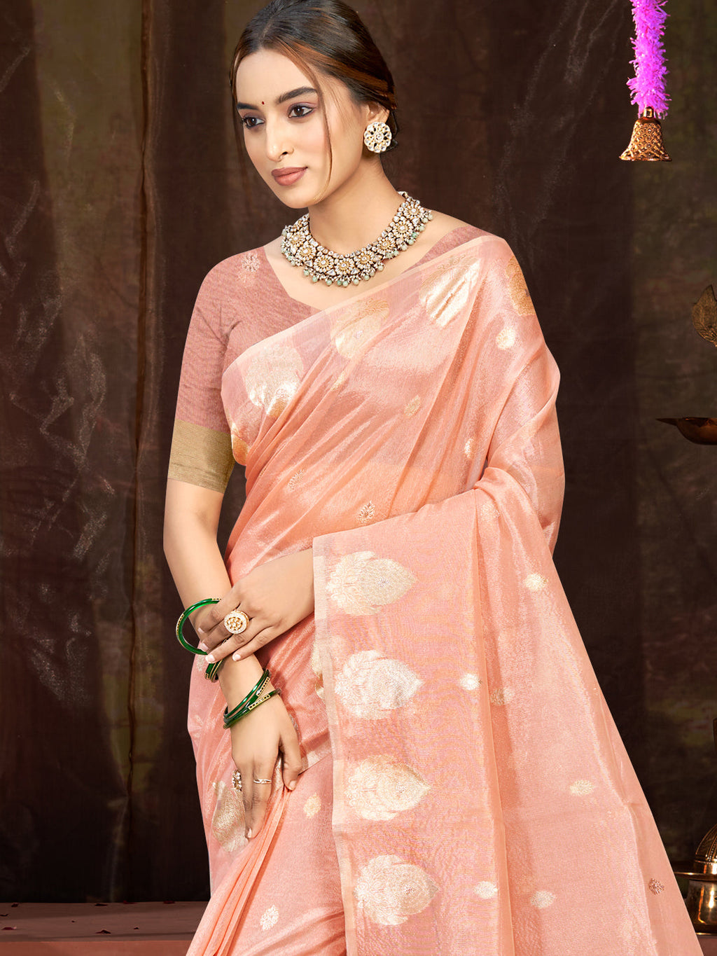 Sangam Prints Peach Munga Kota Woven Work Traditional Saree | Grocsy