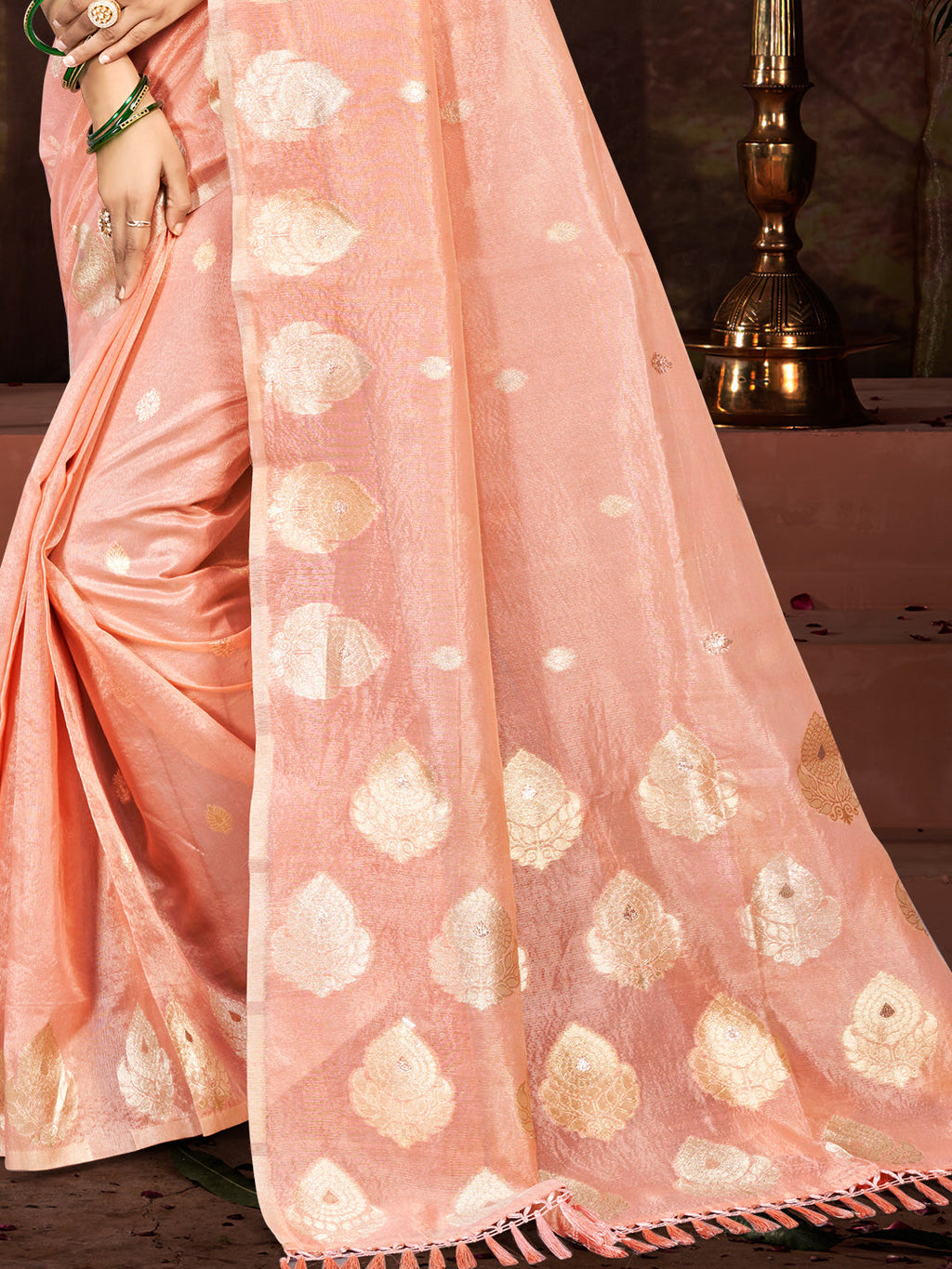 Sangam Prints Peach Munga Kota Woven Work Traditional Saree | Grocsy