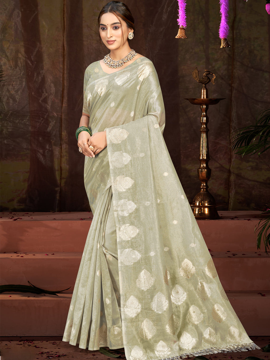 Sangam Prints Grey Munga Kota Woven Work Traditional Saree | Grocsy