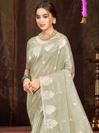 Sangam Prints Grey Munga Kota Woven Work Traditional Saree | Grocsy