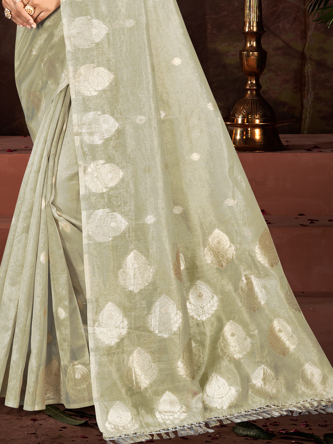 Sangam Prints Grey Munga Kota Woven Work Traditional Saree | Grocsy