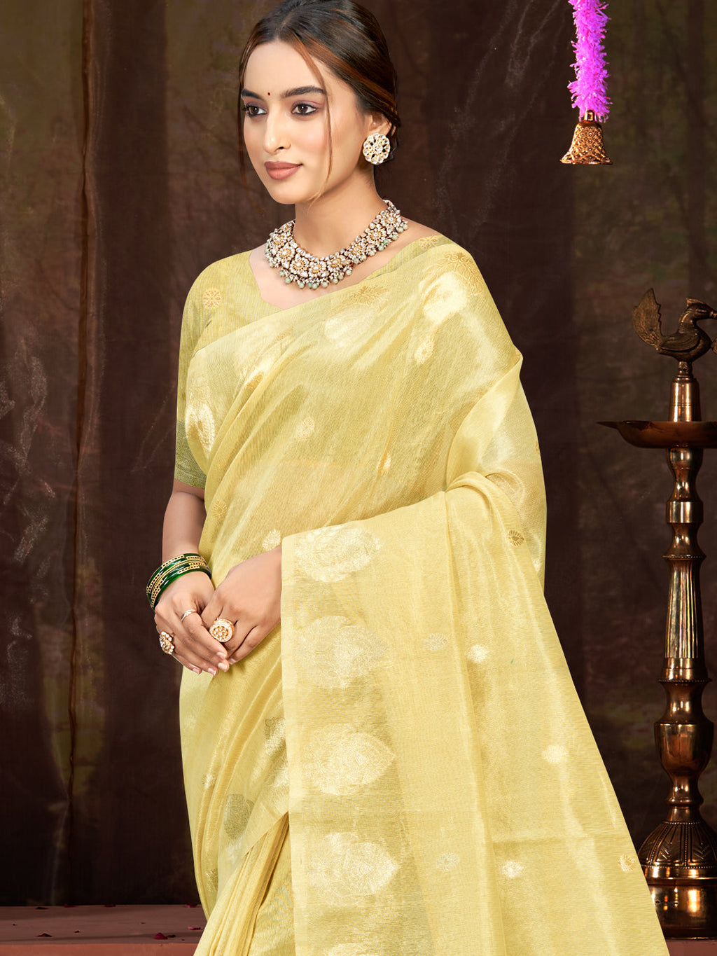 Sangam Prints Yellow Munga Kota Woven Work Traditional Saree | Grocsy