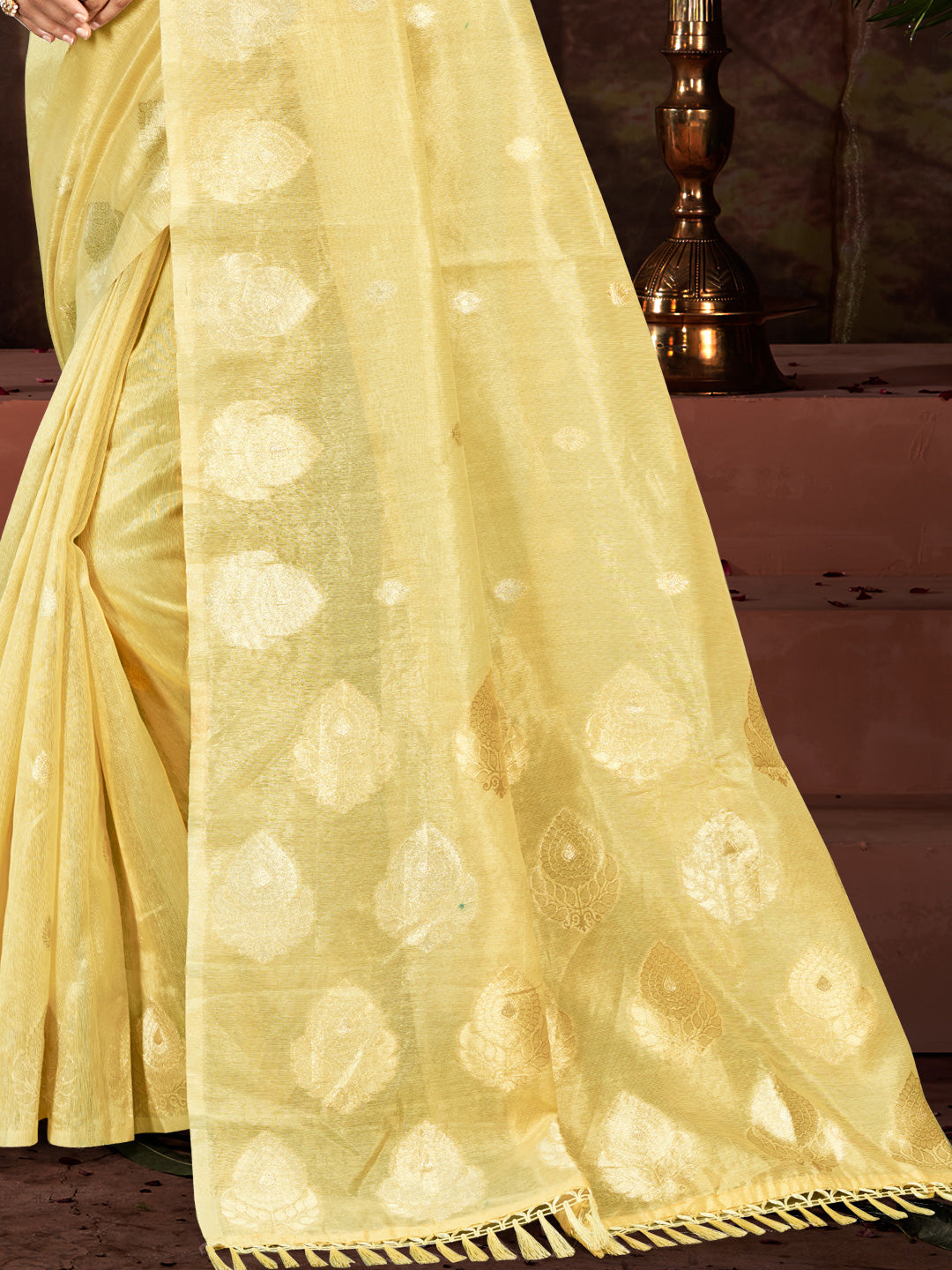 Sangam Prints Yellow Munga Kota Woven Work Traditional Saree | Grocsy