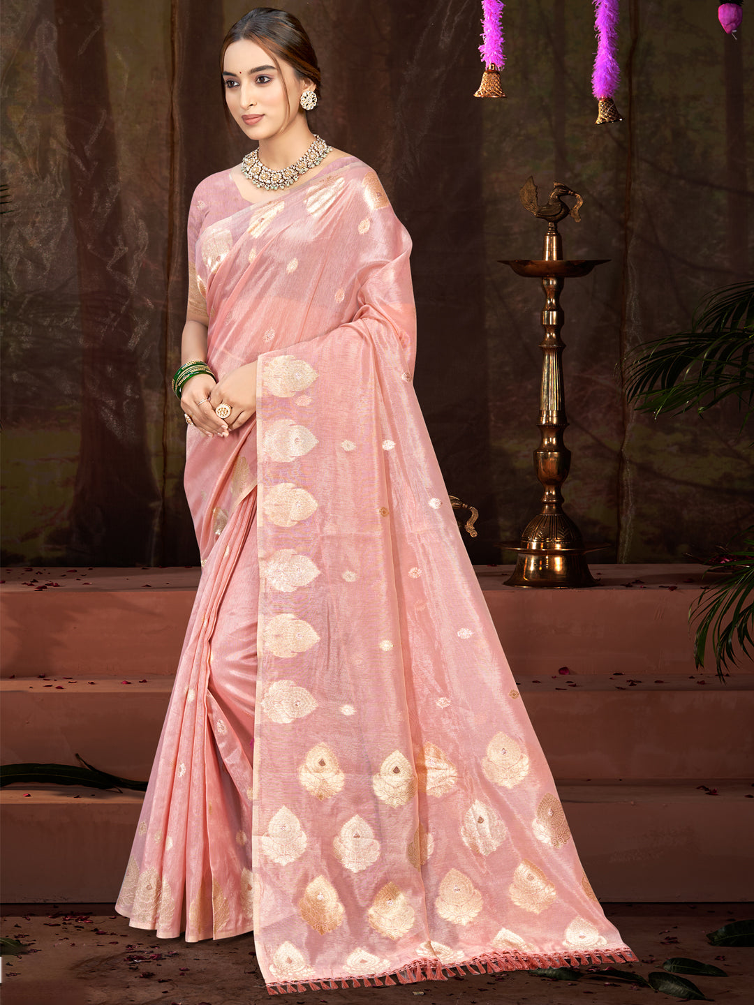 Sangam Prints Pink Munga Kota Woven Work Traditional Saree | Grocsy