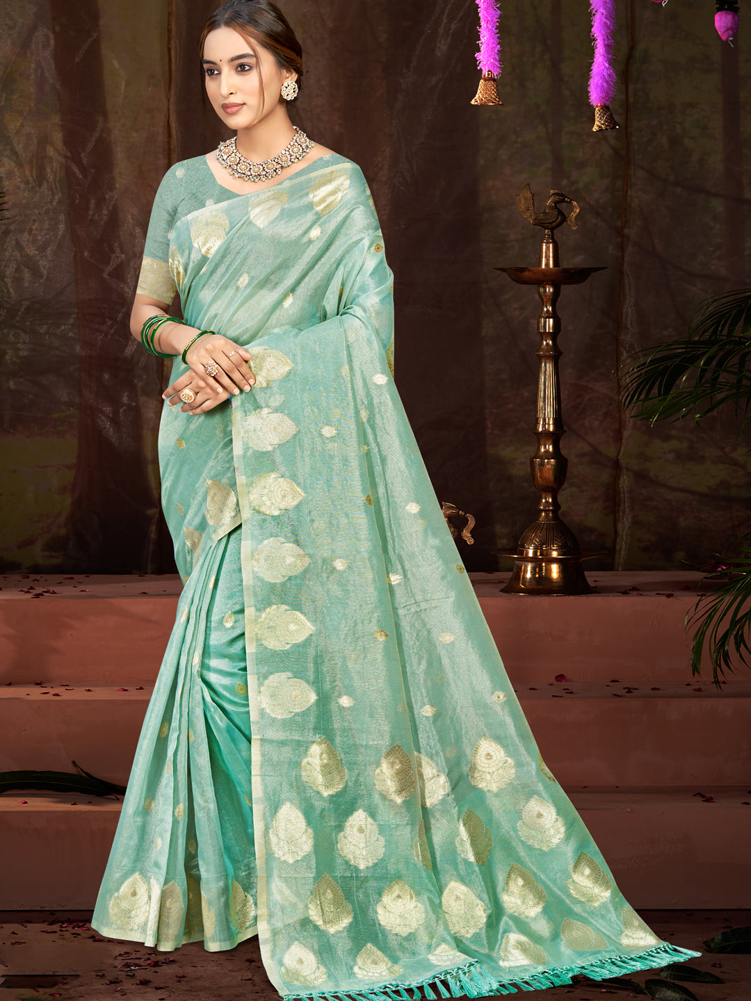 Sangam Prints Sea Green Munga Kota Woven Work Traditional Saree | Grocsy