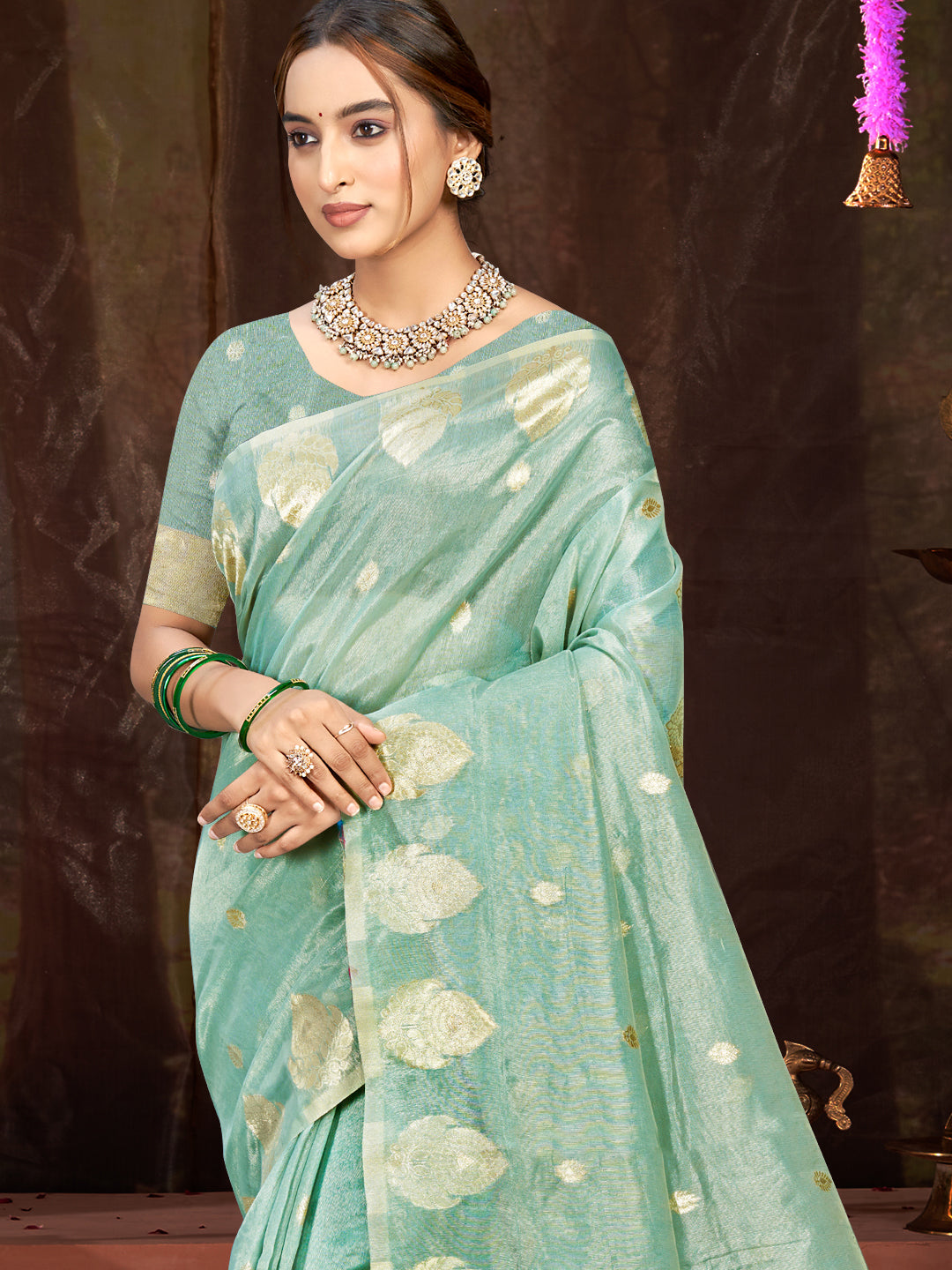 Sangam Prints Sea Green Munga Kota Woven Work Traditional Saree | Grocsy