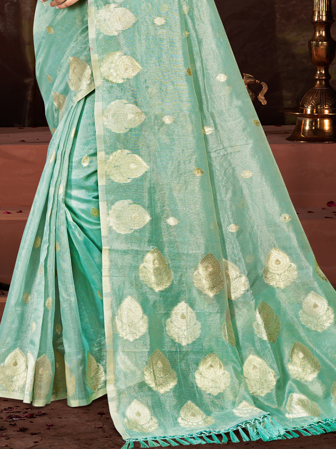 Sangam Prints Sea Green Munga Kota Woven Work Traditional Saree | Grocsy