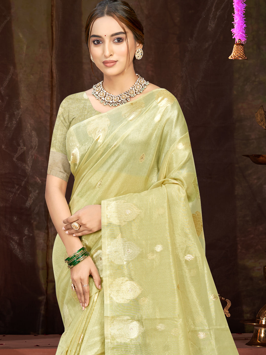 Sangam Prints Olive Green Munga Kota Woven Work Traditional Saree | Grocsy