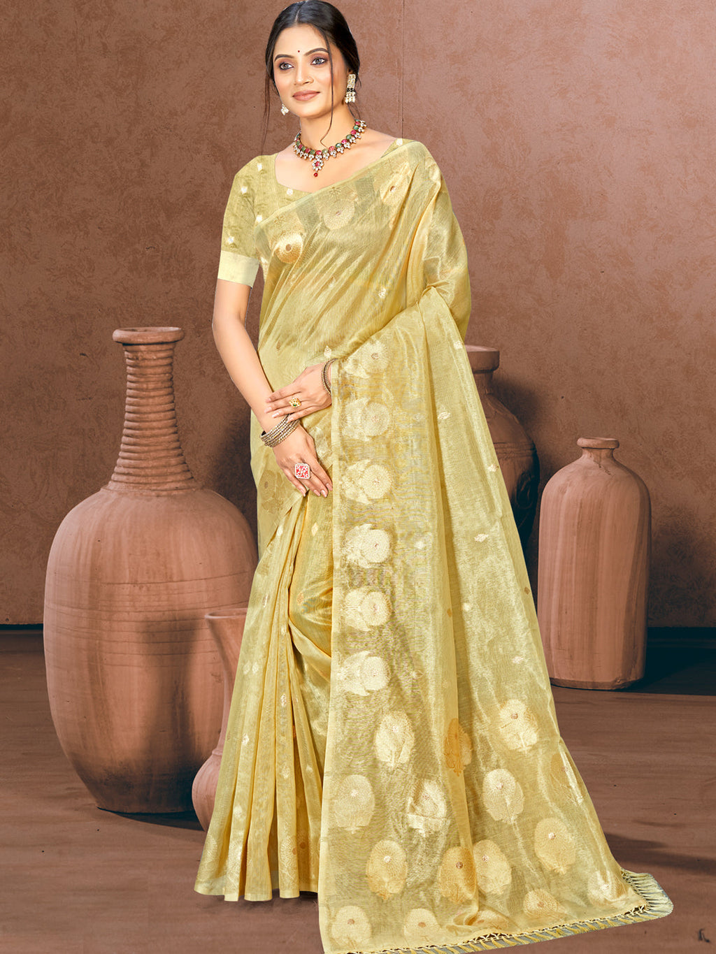 Sangam Prints Golden Munga Kota Woven Work Traditional Saree | Grocsy
