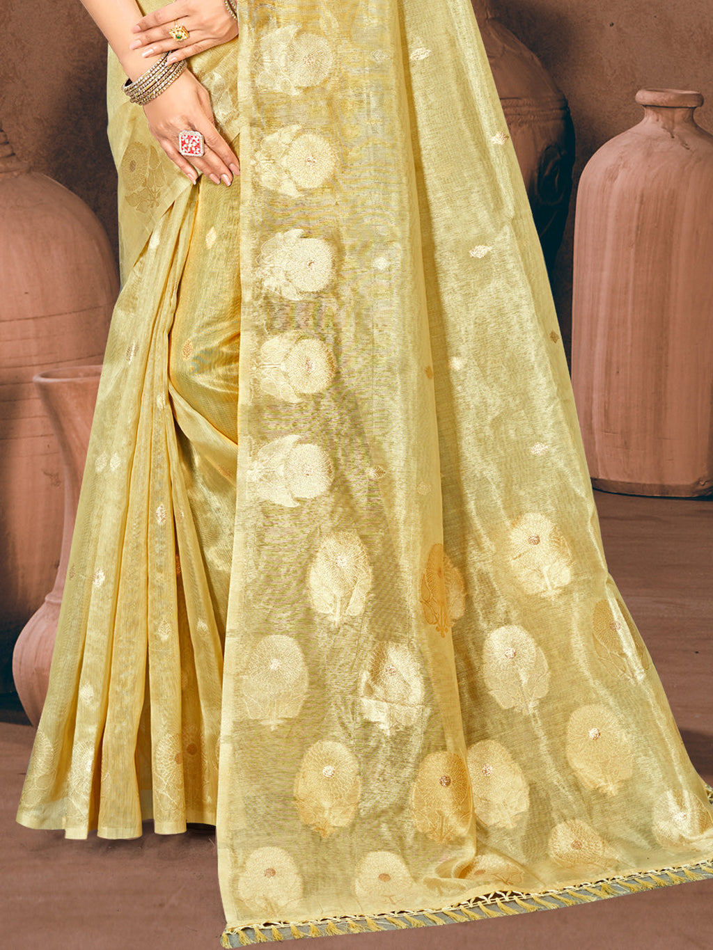 Sangam Prints Golden Munga Kota Woven Work Traditional Saree | Grocsy