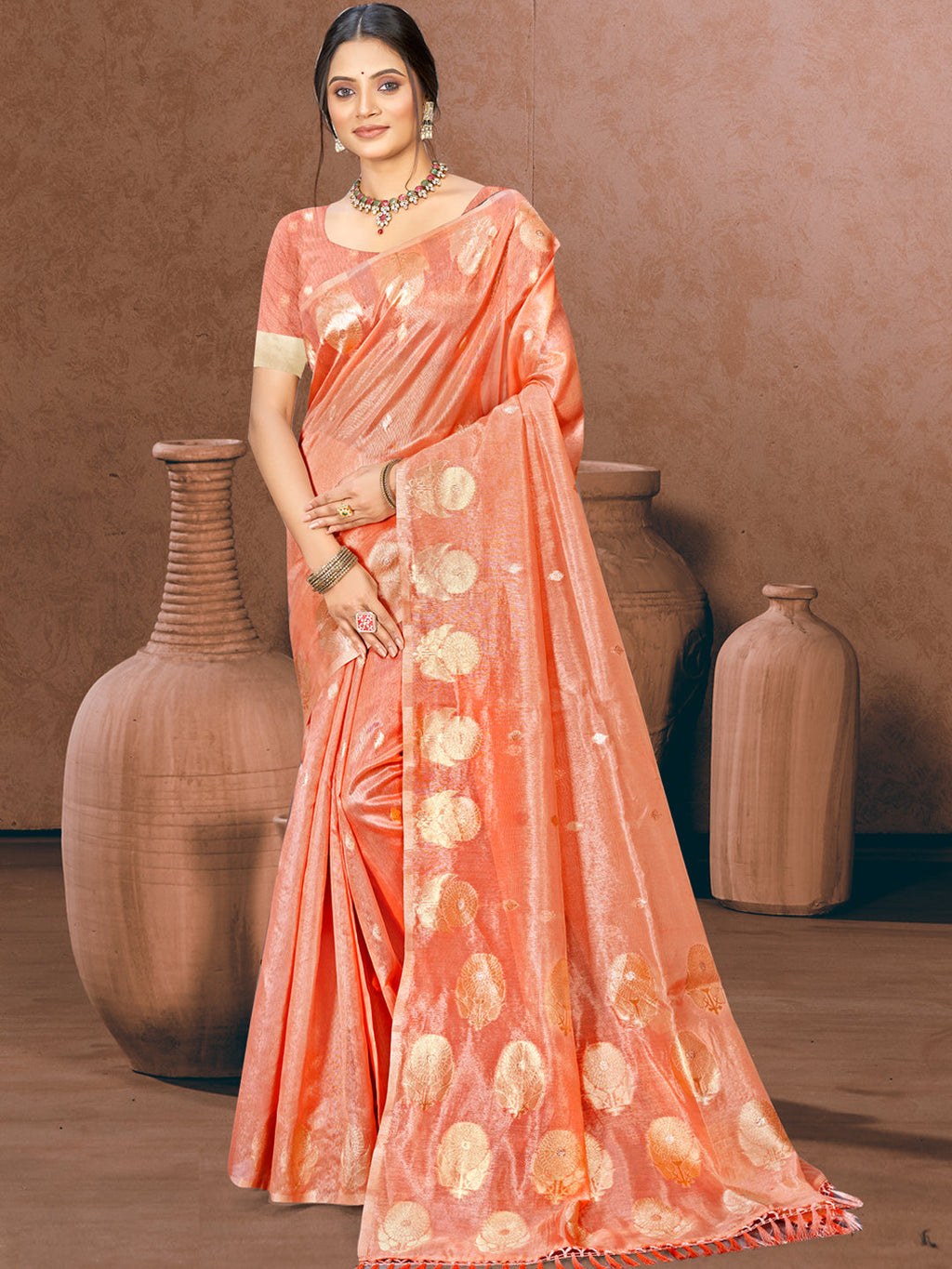 Sangam Prints Peach Munga Kota Woven Work Traditional Saree | Grocsy