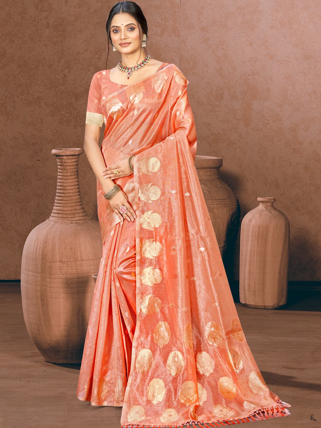 Sangam Prints Peach Munga Kota Woven Work Traditional Saree | Grocsy