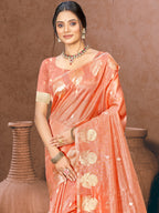 Sangam Prints Peach Munga Kota Woven Work Traditional Saree | Grocsy