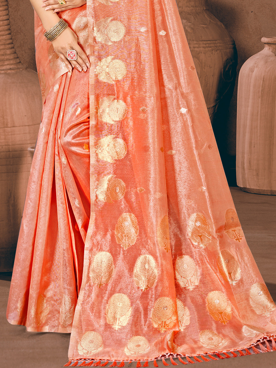Sangam Prints Peach Munga Kota Woven Work Traditional Saree | Grocsy