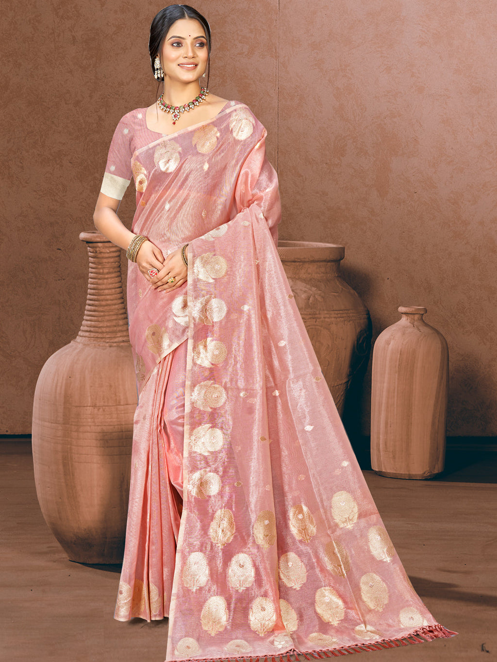 Sangam Prints Pink Munga Kota Woven Work Traditional Saree | Grocsy