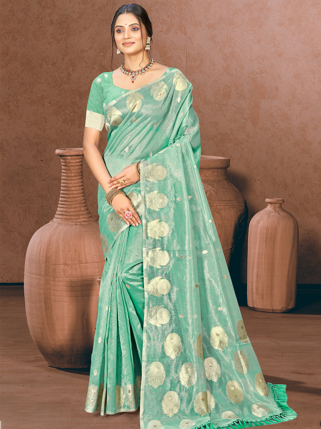 Sangam Prints Sea Green Munga Kota Woven Work Traditional Saree | Grocsy