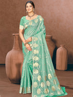 Sangam Prints Sea Green Munga Kota Woven Work Traditional Saree | Grocsy