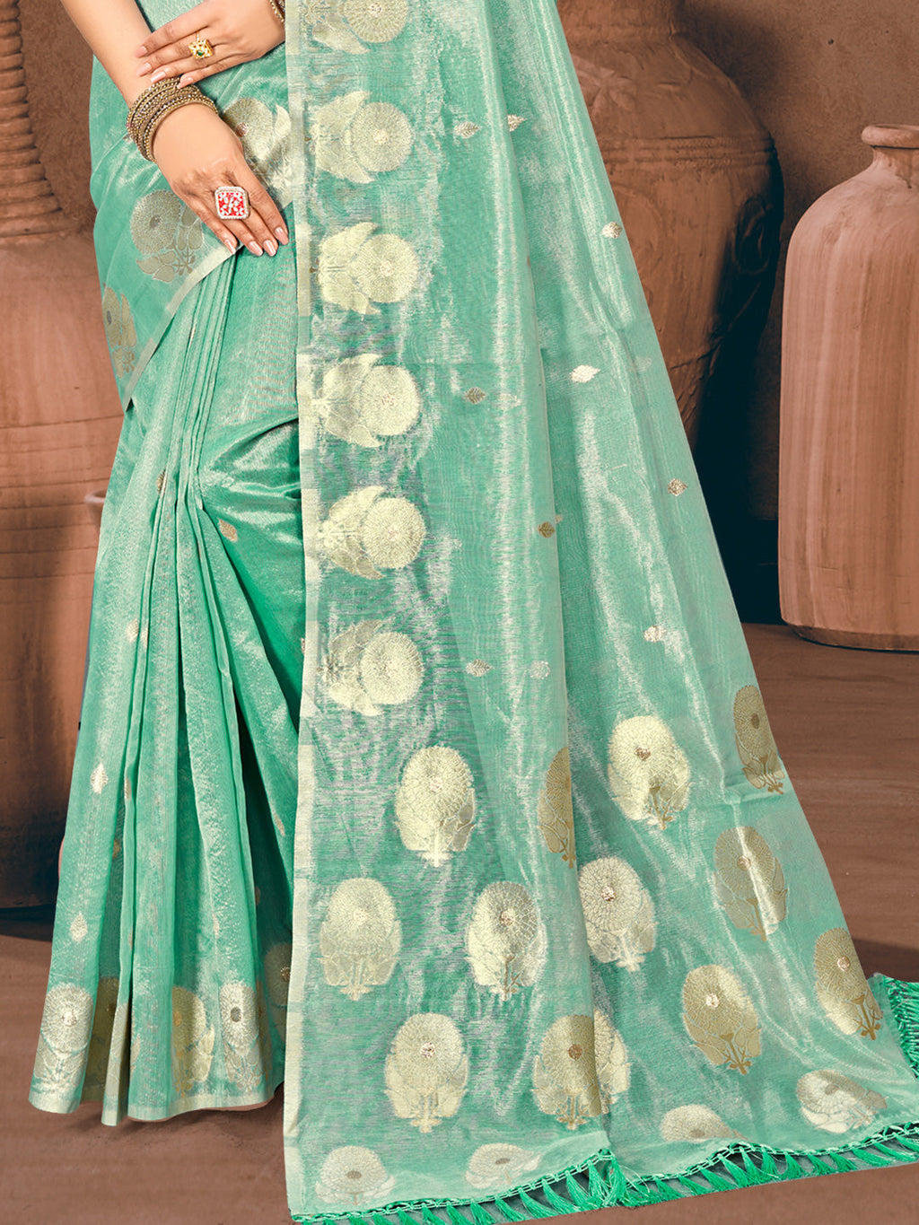 Sangam Prints Sea Green Munga Kota Woven Work Traditional Saree | Grocsy