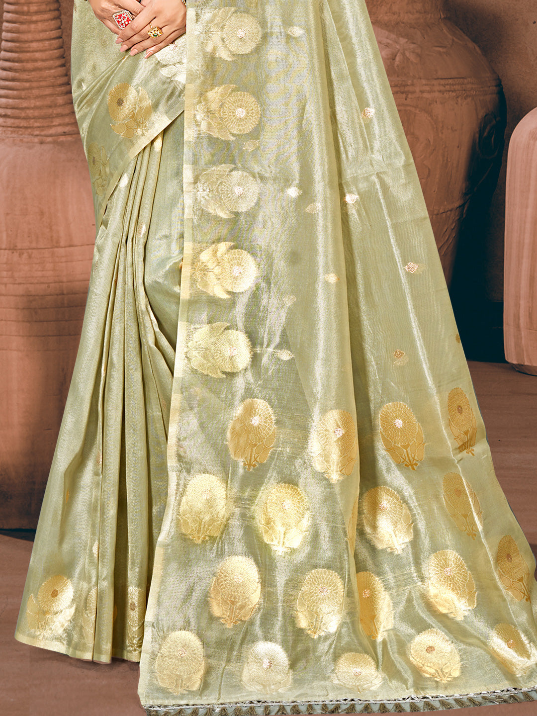 Sangam Prints Grey Munga Kota Woven Work Traditional Saree | Grocsy