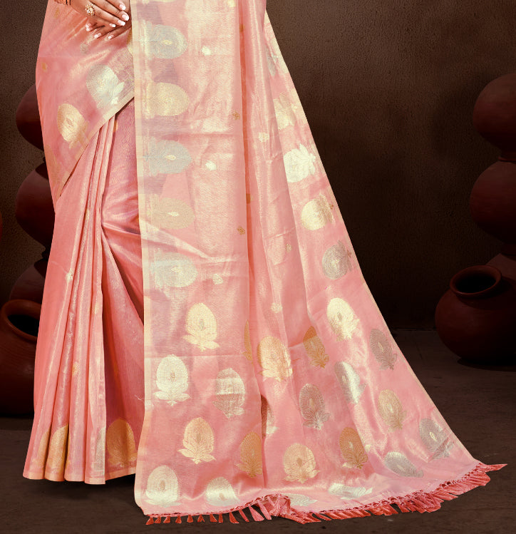 Sangam Prints Peach Munga Kota Woven Work Traditional Saree | Grocsy
