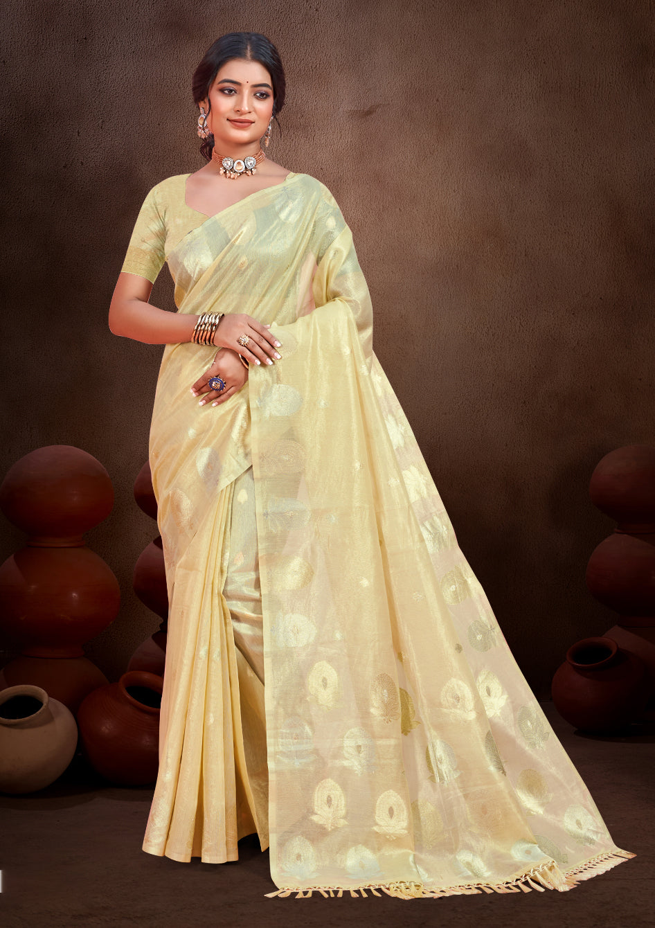 Sangam Prints Golden Munga Kota Woven Work Traditional Saree | Grocsy