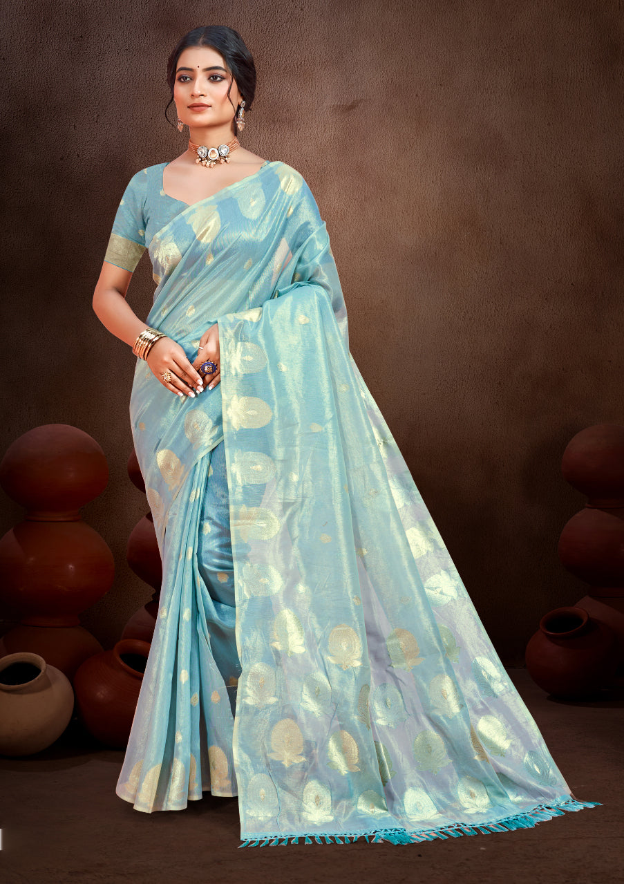 Sangam Prints Sky Blue Munga Kota Woven Work Traditional Saree | Grocsy