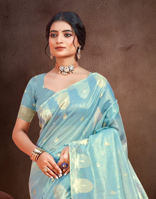Sangam Prints Sky Blue Munga Kota Woven Work Traditional Saree | Grocsy