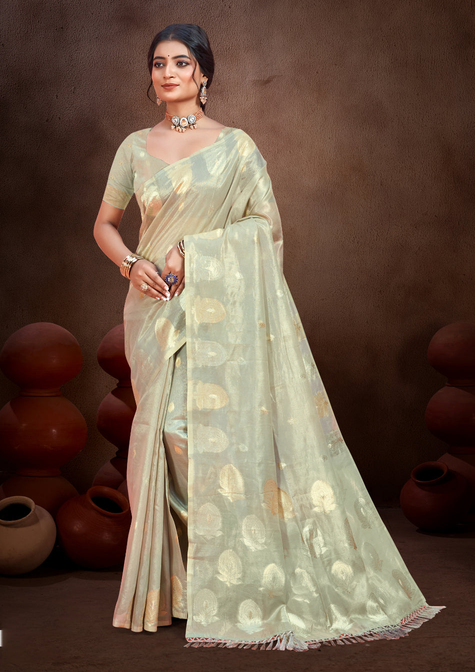 Sangam Prints Grey Munga Kota Woven Work Traditional Saree | Grocsy