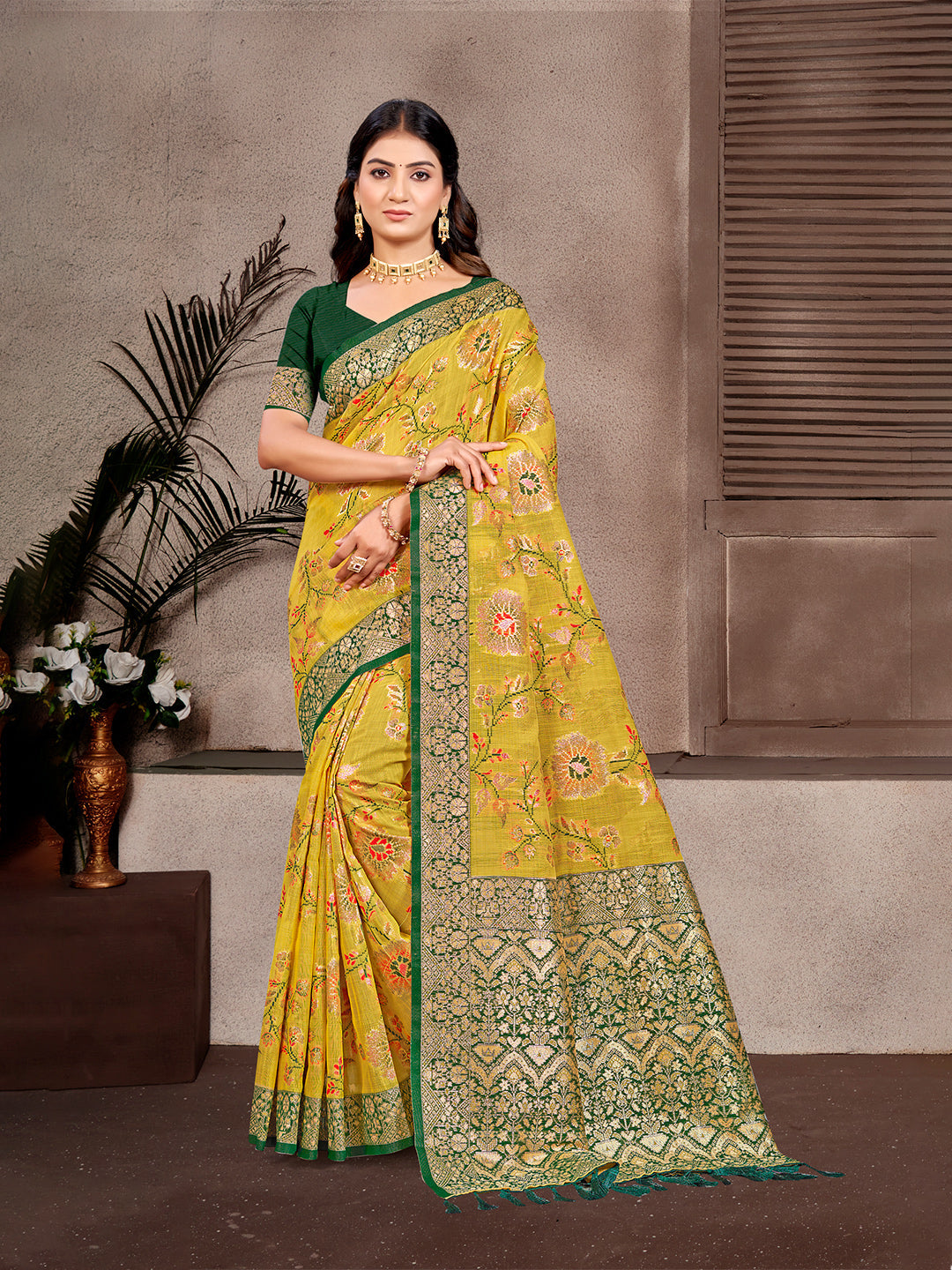 Sangam Prints Mustard Cotton Silk With Meena Woven Work Traditional Saree | Grocsy