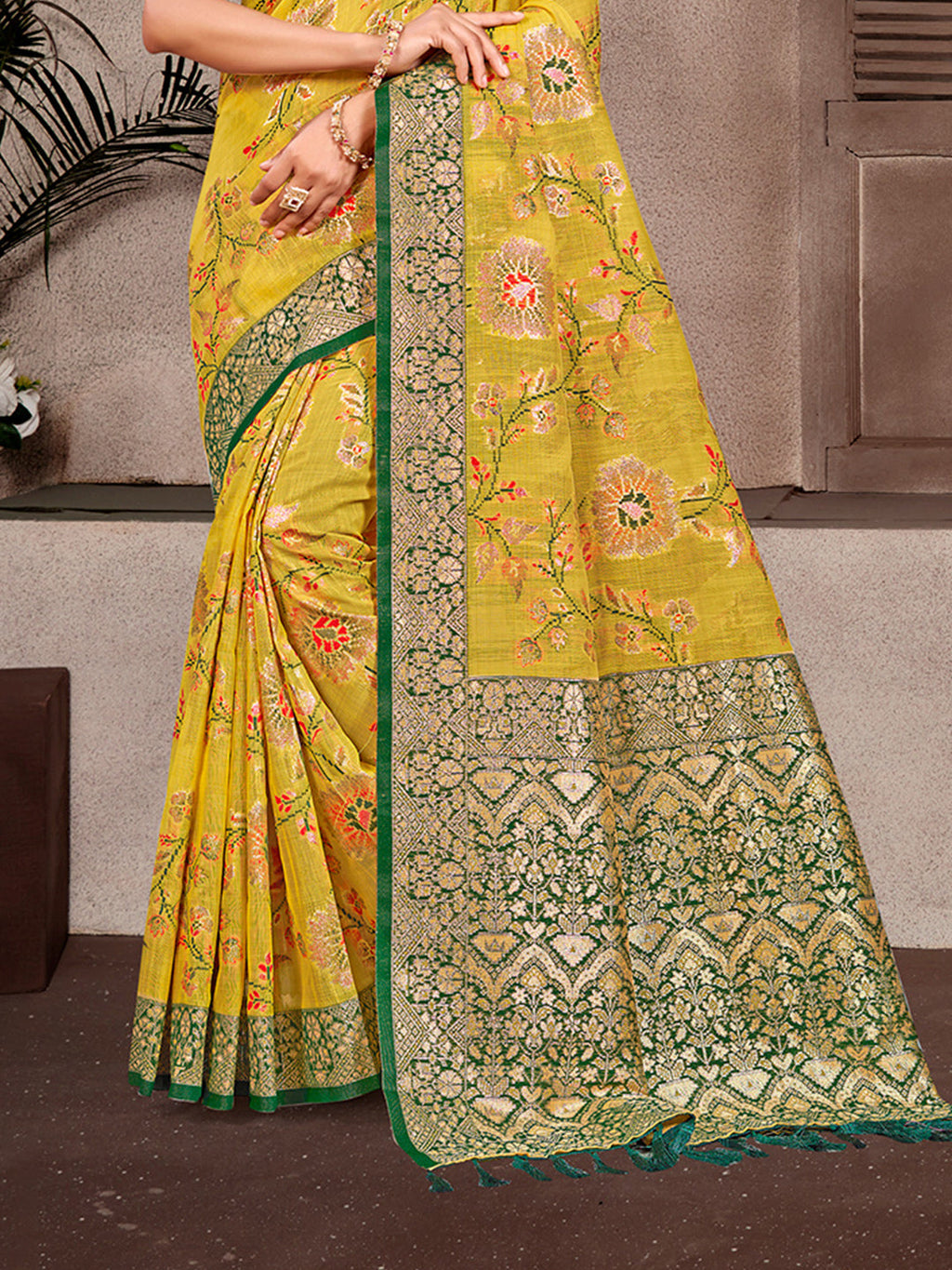 Sangam Prints Mustard Cotton Silk With Meena Woven Work Traditional Saree | Grocsy