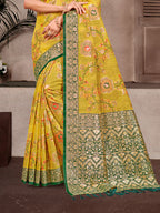Sangam Prints Mustard Cotton Silk With Meena Woven Work Traditional Saree | Grocsy