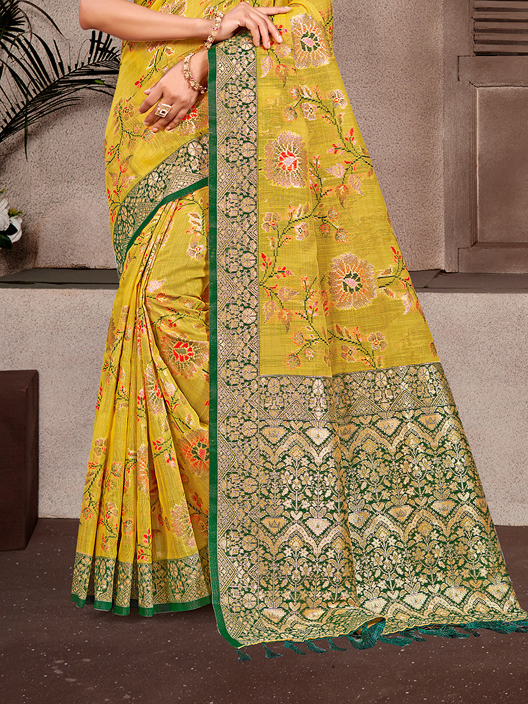 Sangam Prints Mustard Cotton Silk With Meena Woven Work Traditional Saree | Grocsy