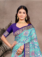 Sangam Prints Sky Blue Cotton Silk With Meena Woven Work Traditional Saree | Grocsy