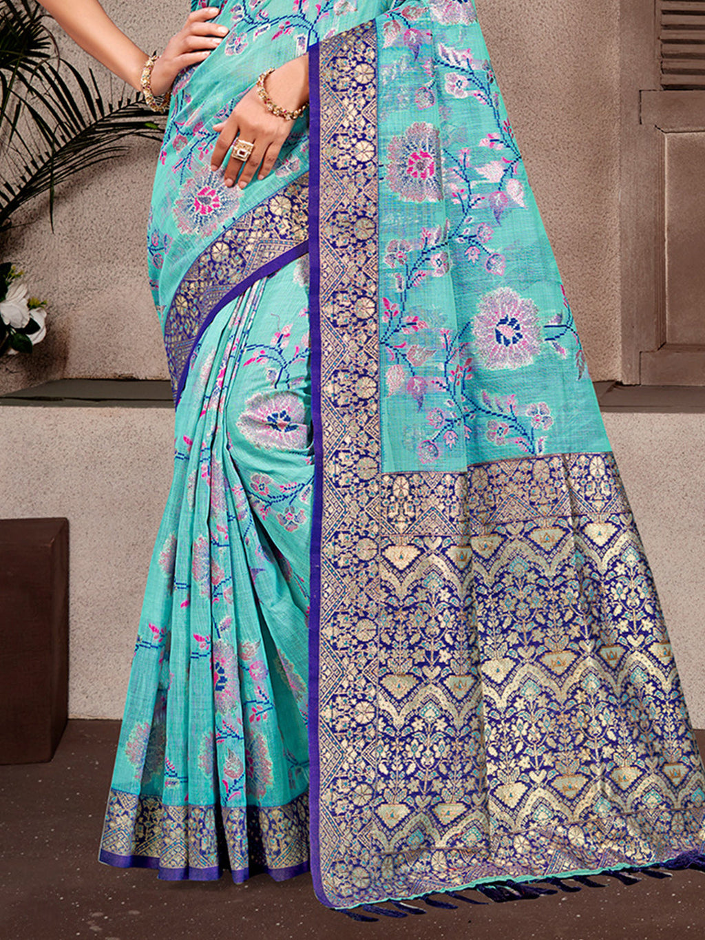Sangam Prints Sky Blue Cotton Silk With Meena Woven Work Traditional Saree | Grocsy