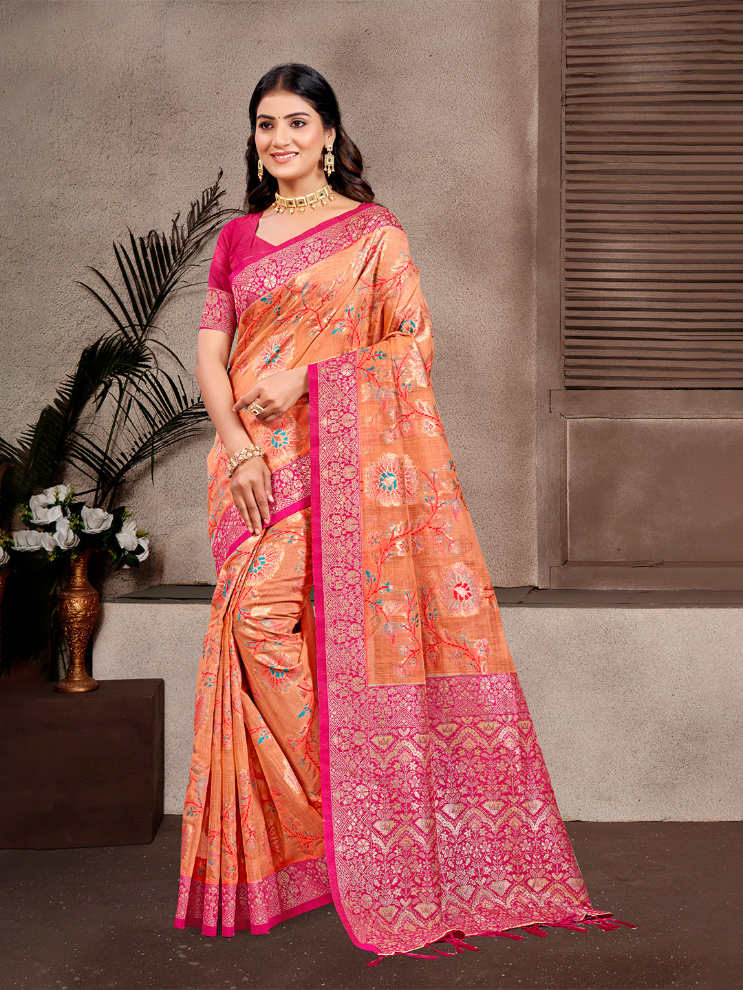 Sangam Prints Orange  Cotton Silk With Meena Woven Work Traditional Saree | Grocsy