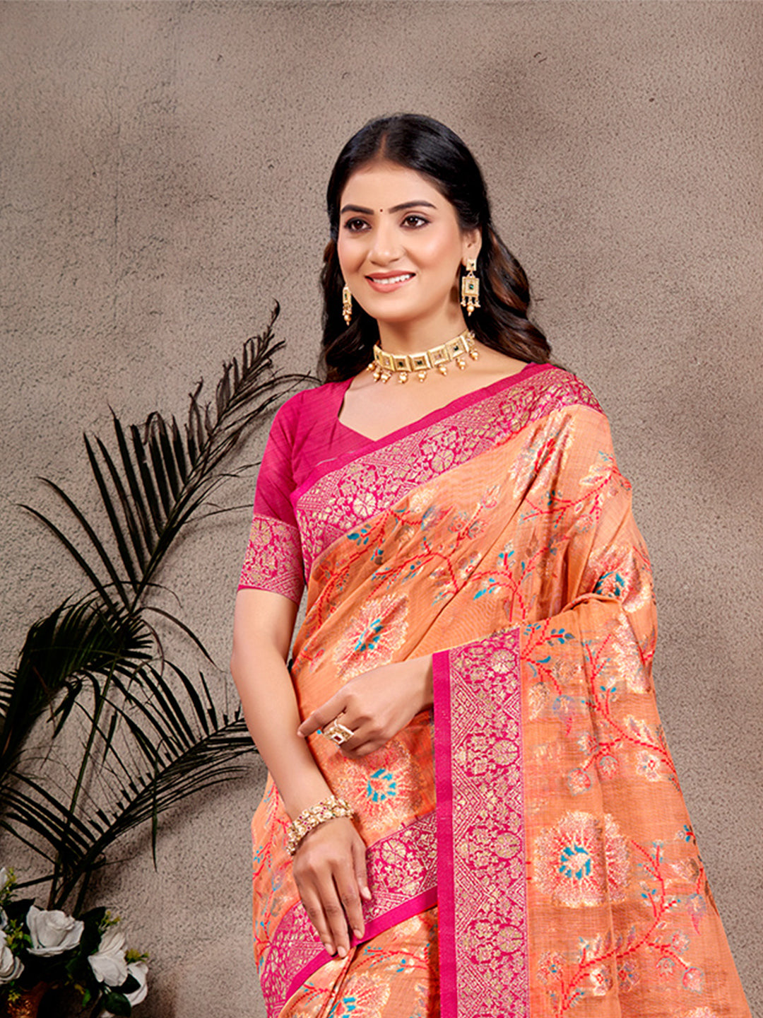 Sangam Prints Orange  Cotton Silk With Meena Woven Work Traditional Saree | Grocsy