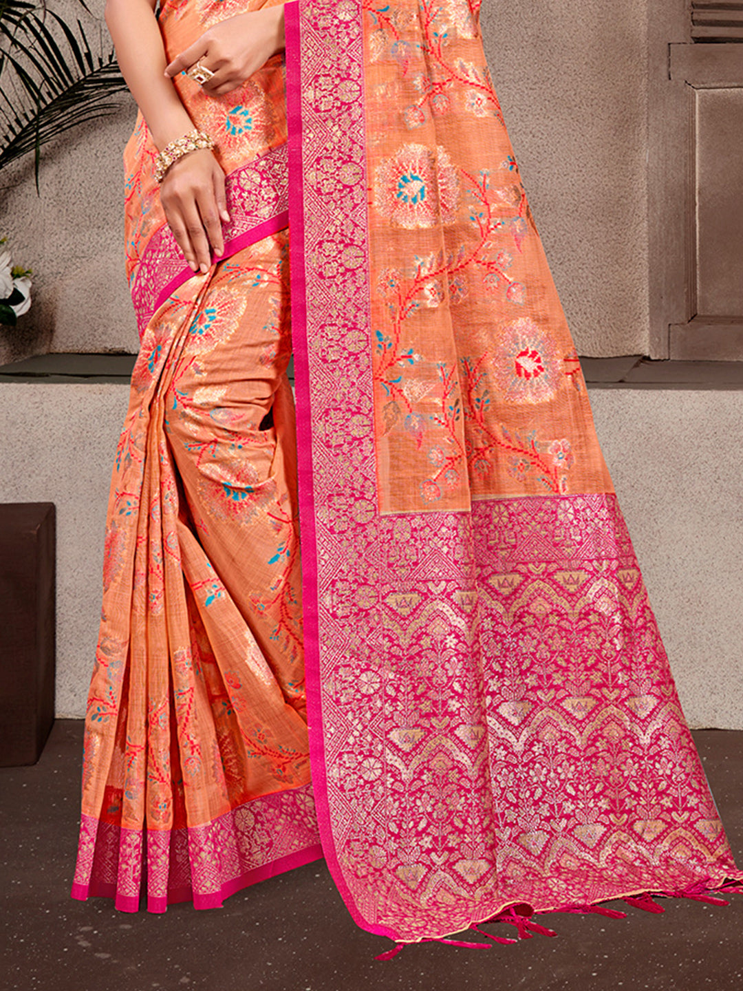 Sangam Prints Orange  Cotton Silk With Meena Woven Work Traditional Saree | Grocsy