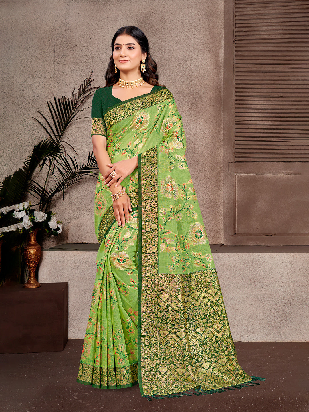 Sangam Prints Light Green Cotton Silk With Meena Woven Work Traditional Saree | Grocsy