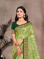 Sangam Prints Light Green Cotton Silk With Meena Woven Work Traditional Saree | Grocsy