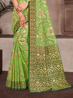 Sangam Prints Light Green Cotton Silk With Meena Woven Work Traditional Saree | Grocsy